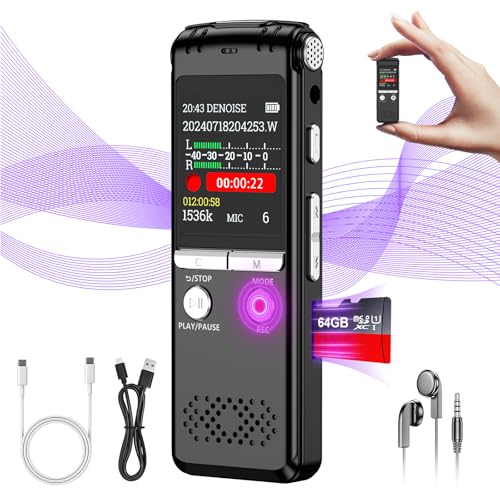 64gb Digital Voice Recorder 1536kbps One Touch Recording